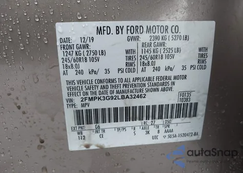 2020 Ford Edge Se из США, поврежденный, VIN 2FMPK3G92LBA32462